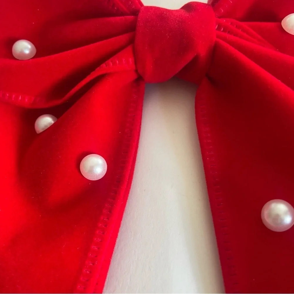 New Elegant Red velvet Bow with Pearls for Kids clip on formal holiday events